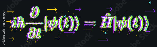 Erwin Schroedinger's (or Schroedinger) linear partial differential equation that describes the quantum superposition state. Conceptual illustration of the particle field in pixel art style.