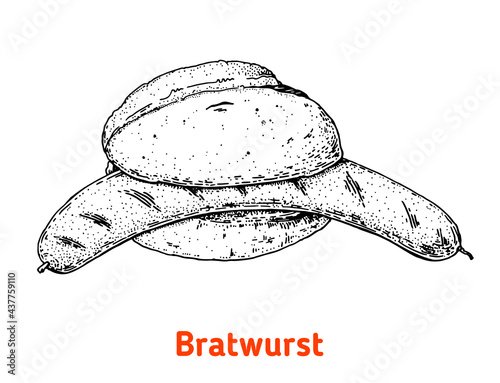 German bratwurst hand drawn vector illustration. Vintage design element. German Food sketch illustration. photo