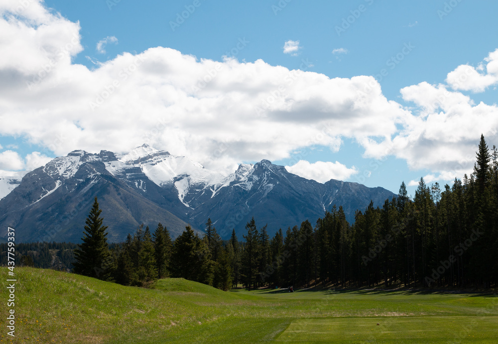 Scenic golf course on a bright sunny day. Lifestyle and leisure sports.
