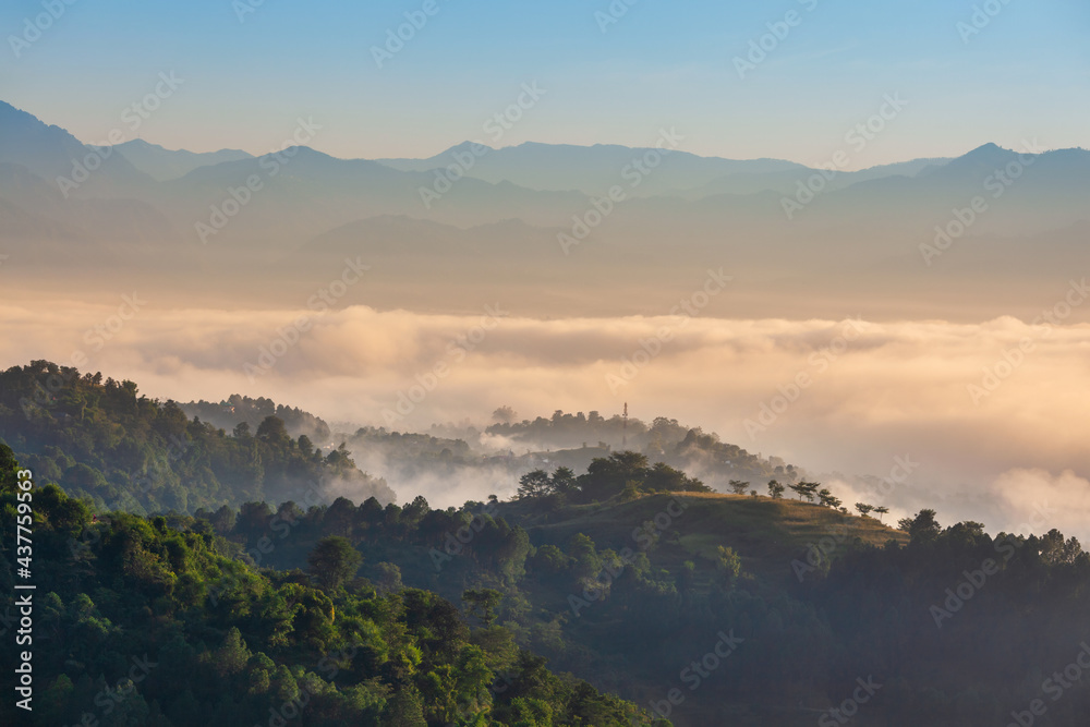 Himalaya hills in mist, sunrise landscape