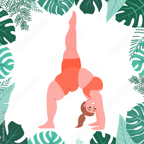 fat woman practices yoga. sports and fitness. girl practices asanas. yoga poses. stock vector illustration isolated on white.