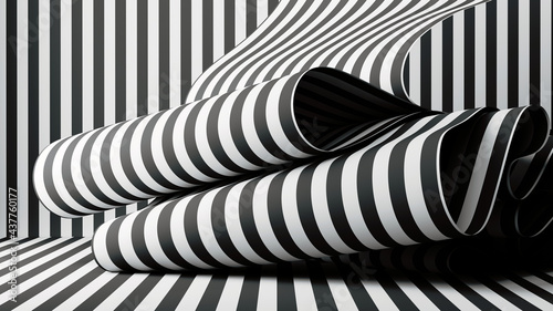 3d render  abstract fashion background with folded paper or textile ribbon black and white stripes
