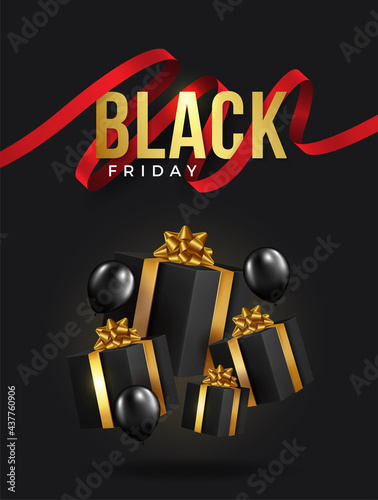 Black friday sale background with beautiful balloons and flying serpentine. Modern design.Universal vector background for poster, banners, flyers, card,advertising brochure