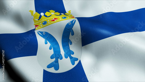 3D Waving Finland City Flag of Uusikaupunki Closeup View photo