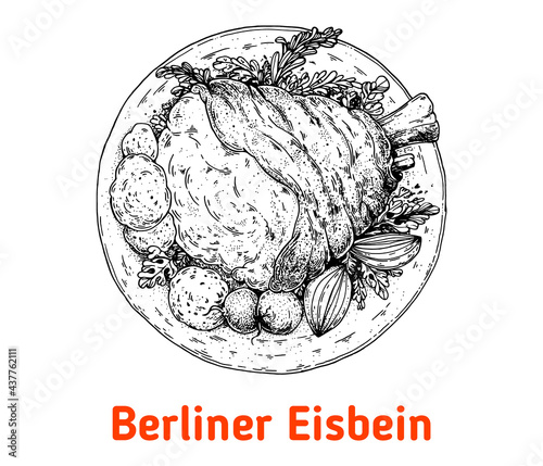 Berliner Eisbein hand drawn vector illustration. Knuckle of pork top view. Vintage design element. German Food sketch illustration.