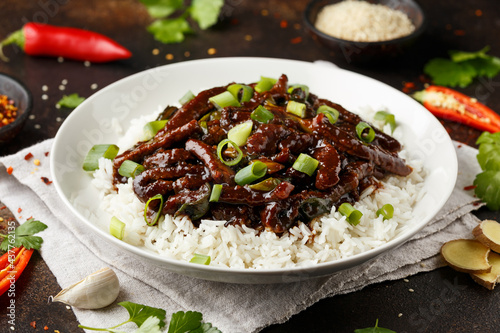 Mongolian beef stewed in dark soy sauce with spices. Asian style food