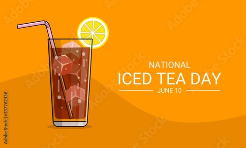 Vector illustration, fresh iced tea with lemon wedge, served in a glass, as a banner, poster or template, national iced tea day or summer theme.
