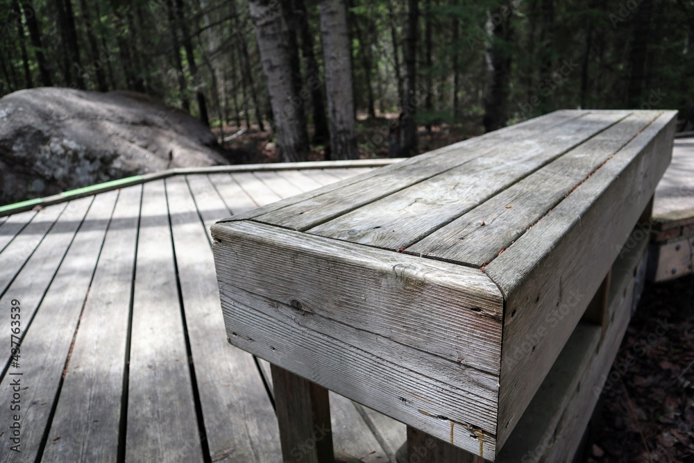 A gray boardwalk and a wooden bench among the trees.  
A huge boulder in the background. Brokenhead Wetland Interpretive Trail