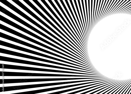 Abstract striped pattern of black and white stripes emanating from a white circle. Trendy vector background