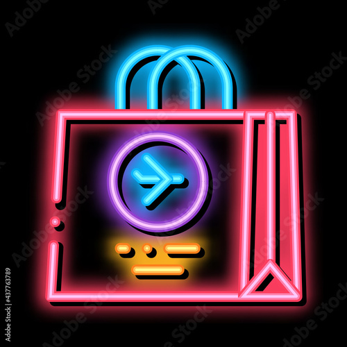 Duty Free Bag Airport Shop neon light sign vector. Glowing bright icon Airport Store Paper Package Concept Linear Pictogram. Travel Shopping sign. transparent symbol illustration