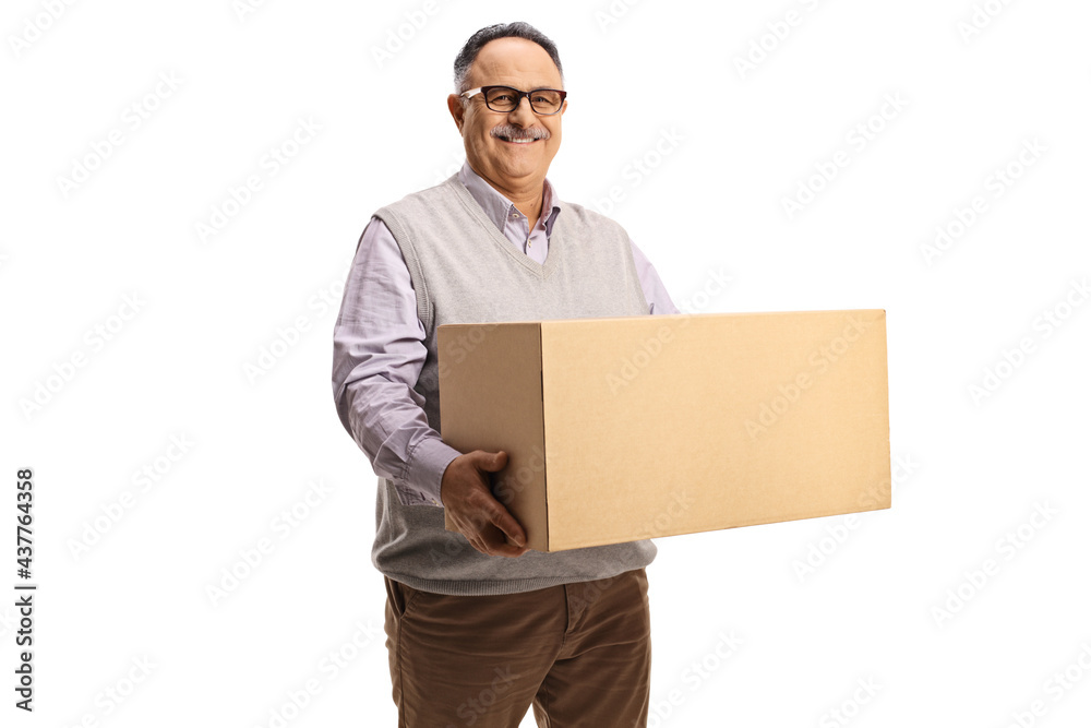Smiling mature man holding a cardboard box Smiling mature man holding a cardboard box
