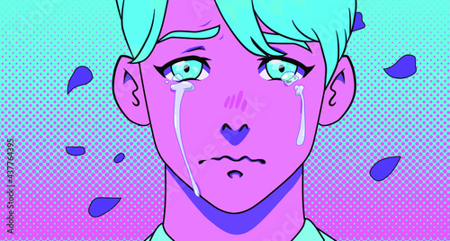 Young man is upset and crying. Pop art comic style illustration in neon vivid colors with dotted halftone effect.