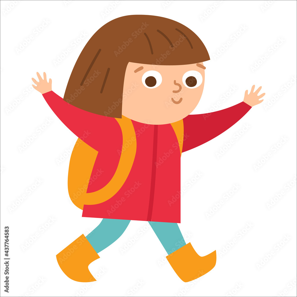 Cute girl walking with backpack and hands up. Happy walking kid. Vector summer camp illustration. Camping character doing summer activity. Woodland travel tourist icon.. Cute girl walking with backpack and hands up. Happy walking kid. Vector summer camp illustration. Camping character doing summer activity. Woodland travel tourist icon..