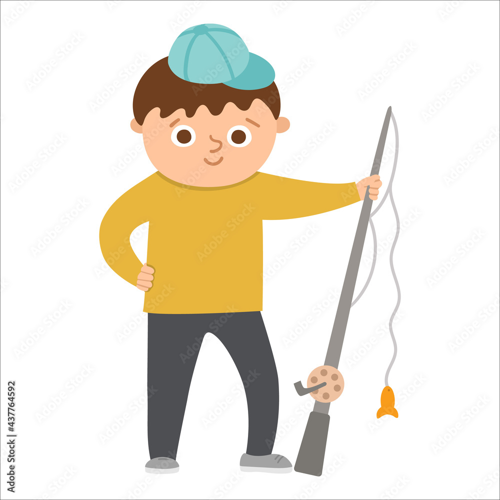Cute boy standing with rod. Happy kid ready for fishing. Vector summer camp illustration. Camping character. Woodland travel tourist icon. Great for banners and cards. Cute boy standing with rod. Happy kid ready for fishing. Vector summer camp illustration. Camping character. Woodland travel tourist icon. Great for banners and cards.
