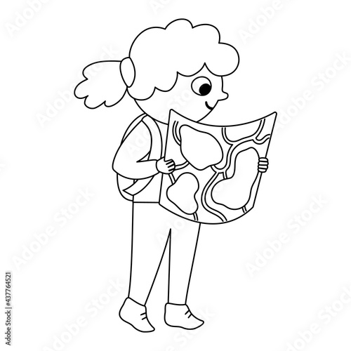Cute black and white girl walking with backpack and map. Kid doing summer activity. Vector summer camp outline illustration. Camping character. Woodland travel tourist line icon..