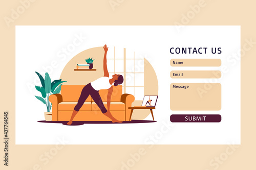 Online workout concept. Contact us template for web. Woman doing yoga at home. Watching tutorials on a laptop. Sport exercise in a cozy interior. Vector illustration. Flat.
