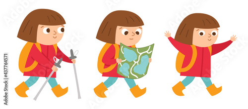 Girl doing summer activities. Cute kid walking with Nordic sticks, backpack and map. Vector summer camp set. Camping character collection. Woodland travel tourists icons pack..