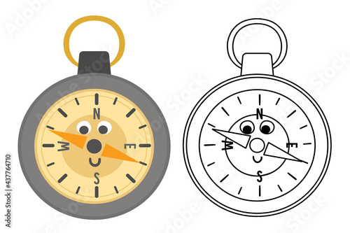 Vector kawaii compass colored and black and white illustration. Camping or hiking equipment picture for kids. Orienteering device for forest tourism or travelling. Cute coloring page.