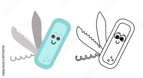 Vector kawaii folding knife colored and black and white illustration. Portable cutting equipment icon. Clasp device for active outdoor tourism. Corkscrew picture. Cute coloring page.