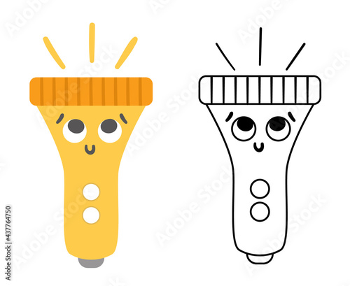 Vector kawaii flashlight colored and black and white illustration. Lighting equipment icon for kids. Smiling portable lamp with eyes for children. Cute coloring page.