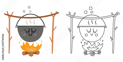 Vector kawaii boiler hanging on tree twigs above the fire colored and black and white illustration. Campfire pot isolated on white background. Cute coloring page.