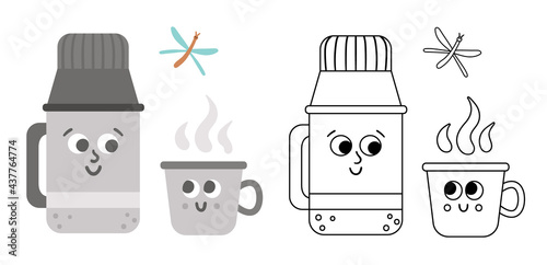 Vector kawaii thermos bottle and cup colored and black and white illustration. Winter or camping traditional warming drink. Hiking hot beverage or tea flask icon. Cute coloring page .