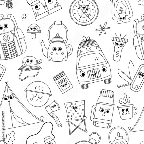 Vector black and white summer camp seamless pattern with cute kawaii stickers. Camping, hiking, fishing equipment repeat background. Outdoor nature tourism line digital paper. .