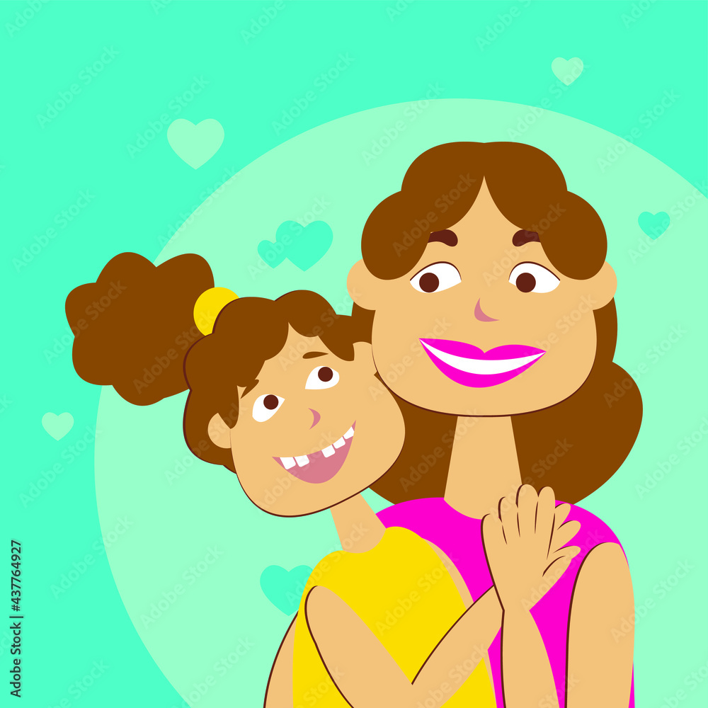 Naklejka premium Vector graphics - happy mother and little daughter smiling and hugging close-up on a blue background. Concept - love and tenderness on mother's Day