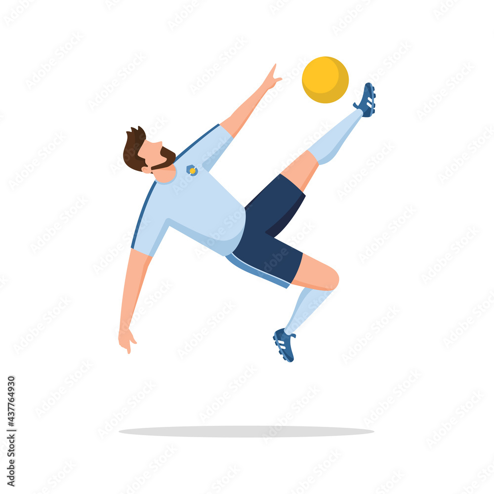 flat vector Soccer Player somersault or overhead kick, illustration of a soccer player doing an overhead kick