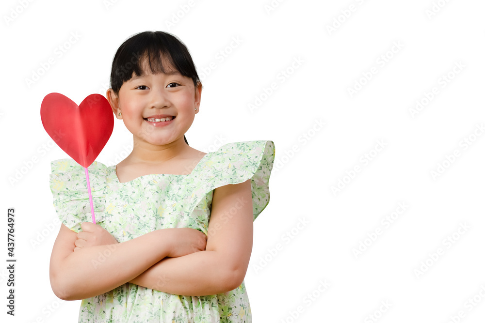 Happy Asian little girl smiling Holding a red paper heart isolated over in the white background, Health care, Copy space, save the Clipping path. Happy Asian little girl smiling Holding a red paper heart isolated over in the white background, Health care, Copy space, save the Clipping path.
