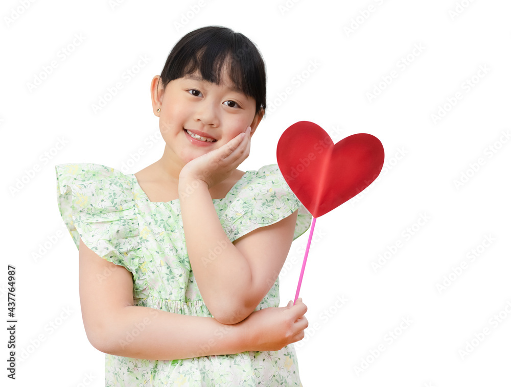 Happy Asian little girl smiling Holding a red paper heart isolated over in the white background, Health care, Copy space, save the Clipping path. Happy Asian little girl smiling Holding a red paper heart isolated over in the white background, Health care, Copy space, save the Clipping path.