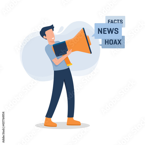 Mans hand holding megaphone with promotional text vector poster. Communication and megaphone message announce good or bad news illustration