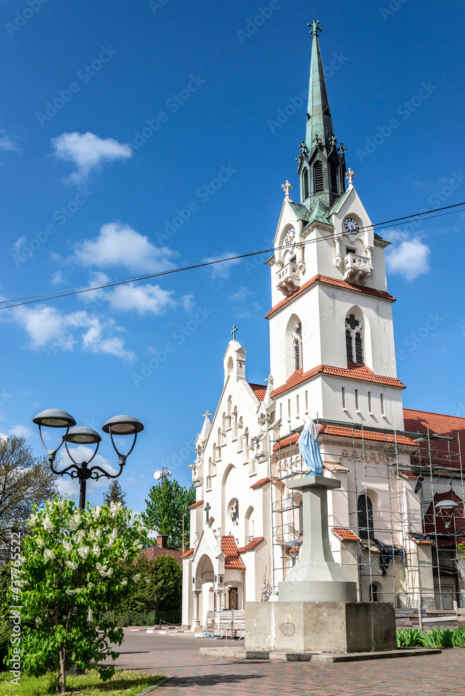 Stryi, Ukraine - May, 2021: Church of Our Lady Protectress, Polish Roman Catholic Church in Stryi, Prykarpattia region, Lviv Oblast, Ukraine.