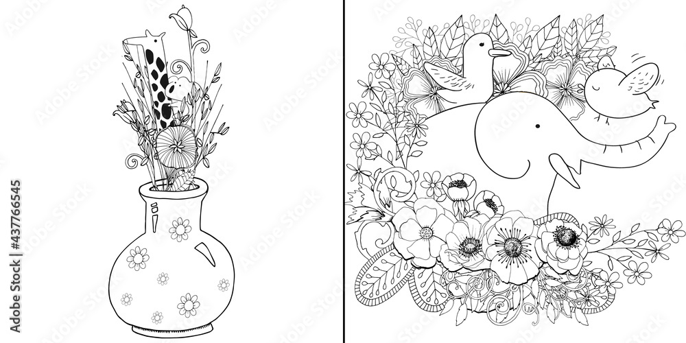Cute animals 9n flowers coloring page set