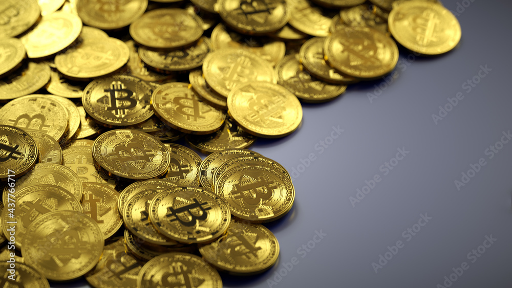 Bitcoin crypto currency coins. BTC gold bitcoins on dark background with selective focus and depth of field. Digital currency mining concept, blockchain money technology. 3d illustration. Bitcoin crypto currency coins. BTC gold bitcoins on dark background with selective focus and depth of field. Digital currency mining concept, blockchain money technology. 3d illustration.