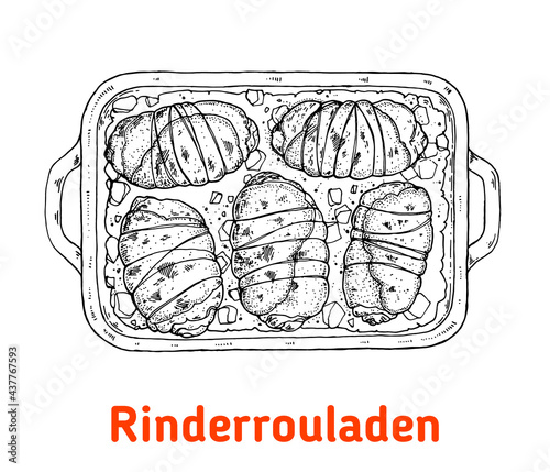 German Rinderrouladen hand drawn vector illustration. German beef roulades top view. Vintage design element. Sketch illustration.