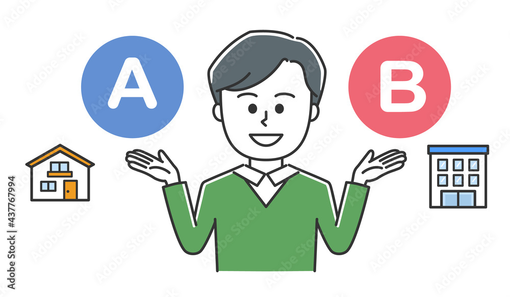 Young man comparing detached house and condominium. Vector illustration isolated on white background. Young man comparing detached house and condominium. Vector illustration isolated on white background.