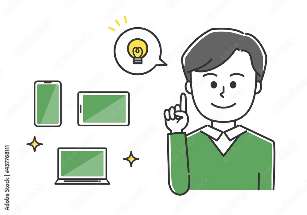 Young man explaining handheld devices. Vector illustration isolated on white background. Young man explaining handheld devices. Vector illustration isolated on white background.