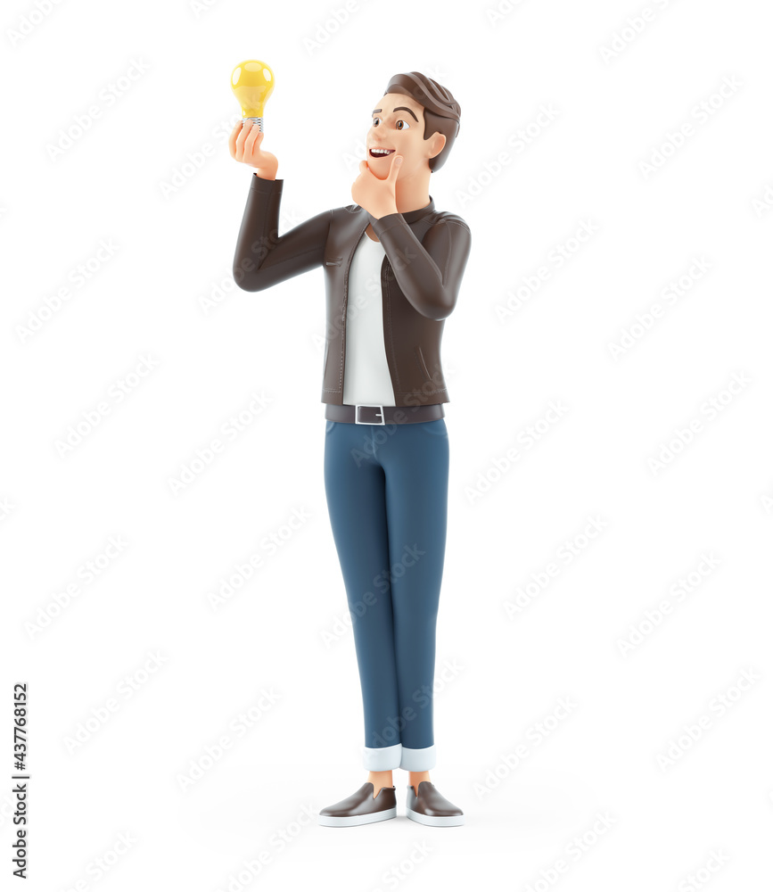 3d cartoon man looking at light bulb 3d cartoon man looking at light bulb