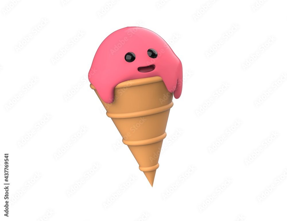 Ice cream strawberry, raspberry or watermelon in a waffle cone cup. 3D render cute happy smiling character model isolated white background.