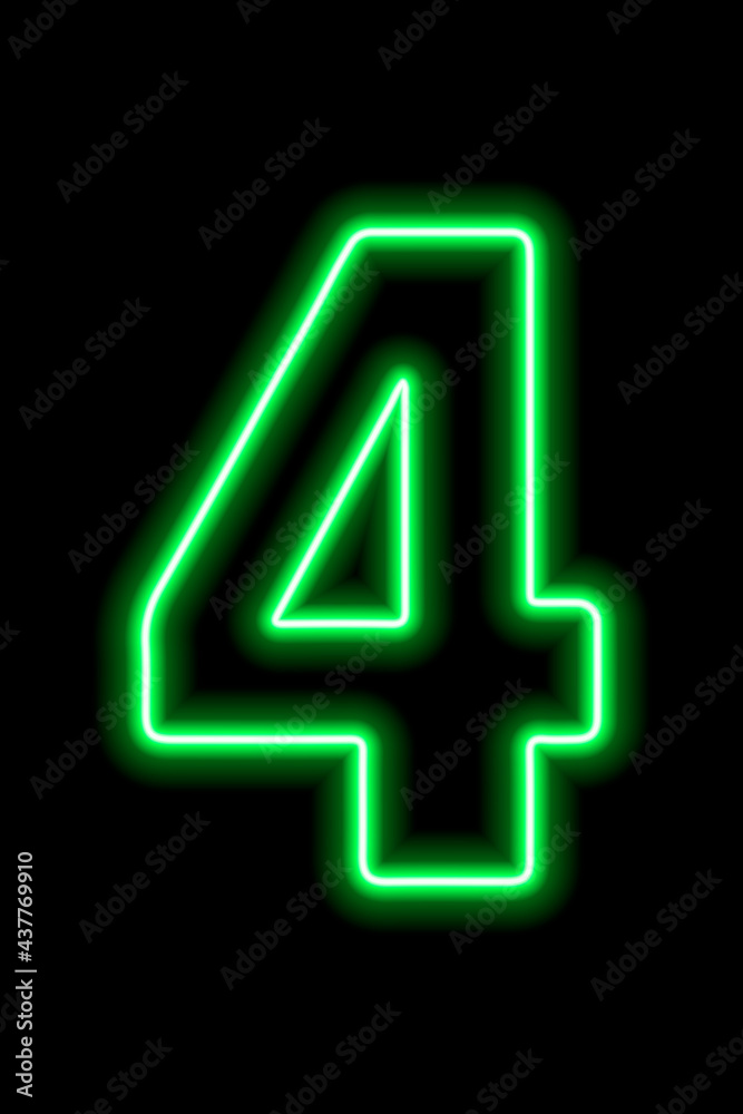 Neon green number 4 on black background. Serial number, price, place Neon green number 4 on black background. Serial number, price, place