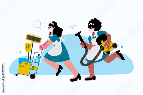 Caucasian,african-american hotel maids in uniform and medical protective hurry to clean up.Cleaning service illustration