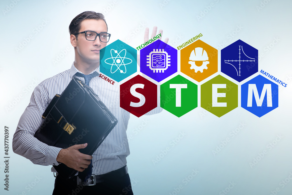 Businessman pressing virtual buttons in STEP education concept Businessman pressing virtual buttons in STEP education concept