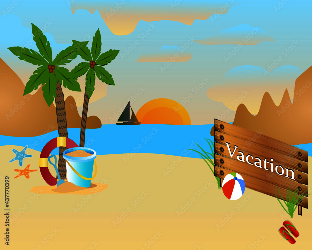 Vecteur Stock Summer vacation on the Bech with sand pail, a ball and a ...