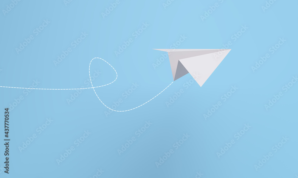 Isometric white paper plane flying on blue background.