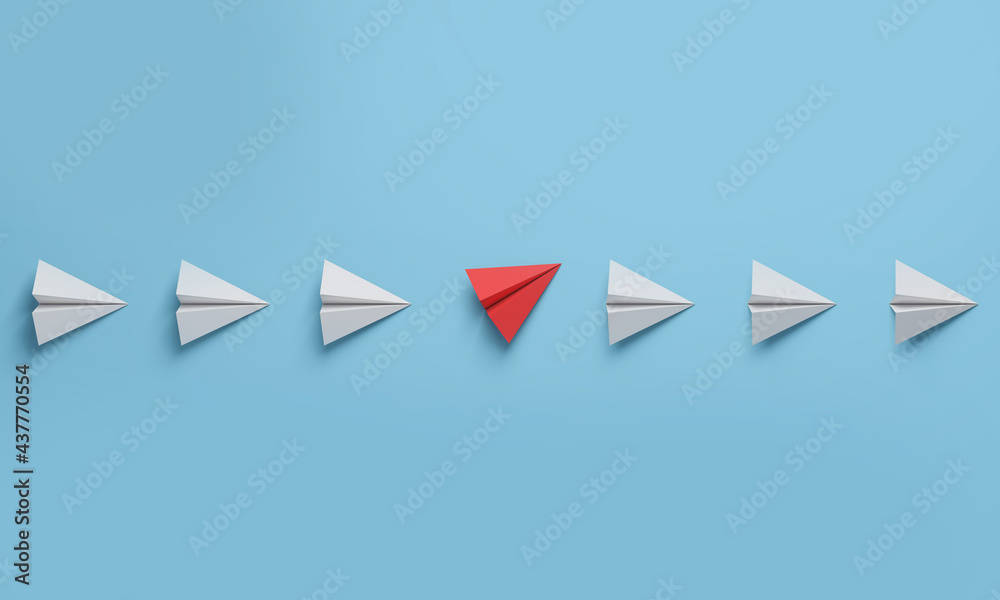 Change concepts with red paper airplane between a row planes white. Think different. - obrazy, fototapety, plakaty 