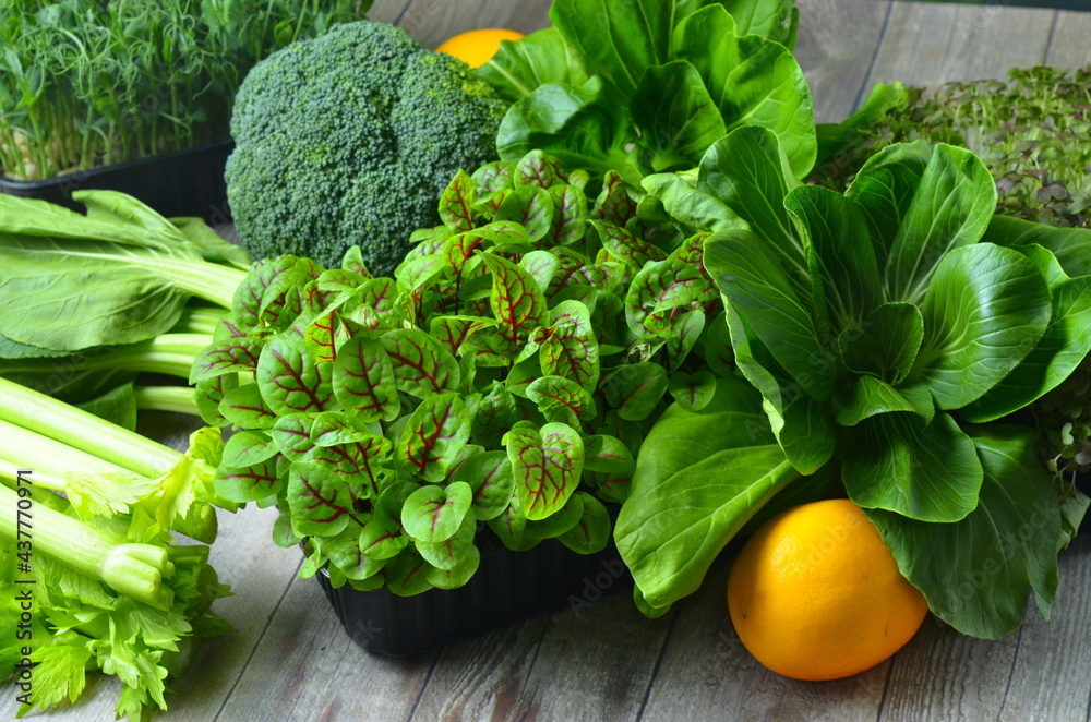 Broccoli, Cos Lettuce and Baby Spinach Leaves in arrangement. - obrazy, fototapety, plakaty 