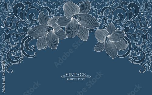 Vintage  frame in oriental stylewith lily flower. Element for the design of cards, invitations, celebrations, ceremonies, flyers.