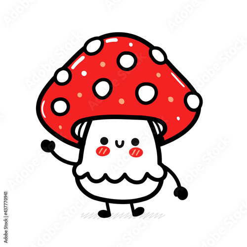 Cute funny happy amanita mushroom. Vector hand drawn cartoon kawaii character illustration icon. Isolated on white background. Funny amanita mushroom mascot character concept