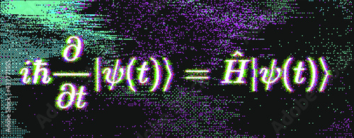 Position-space Schrodinger equation for a single nonrelativistic particle in one dimension. Conceptual illustration of the particle field in pixel art style.